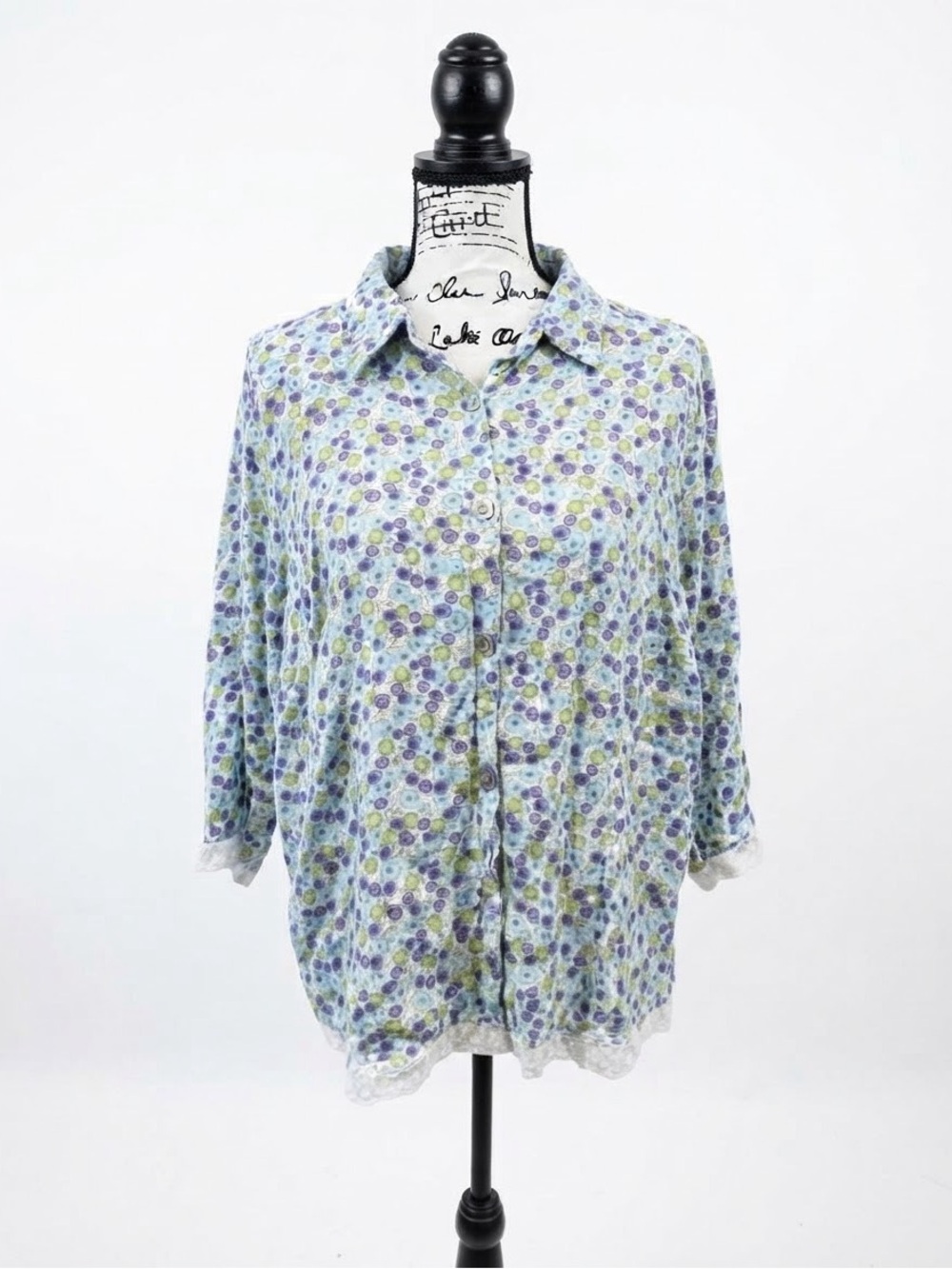 CJ Banks Button-Front Floral Dot Shirt in Purple, Green & Blue